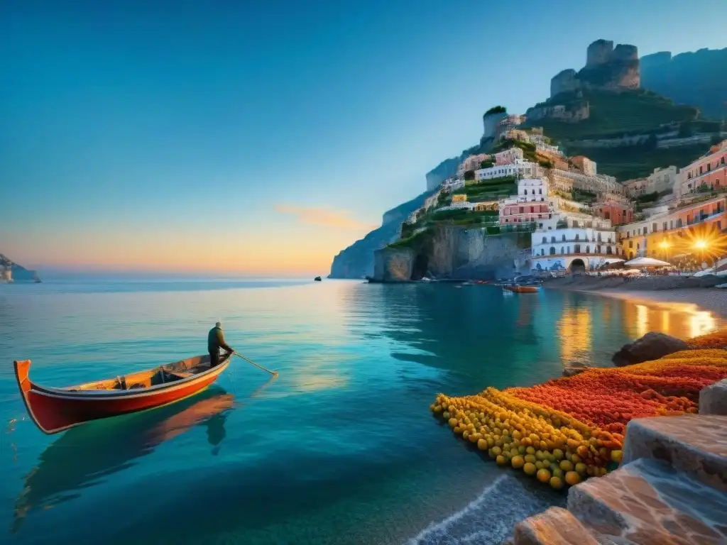Pescador italiano en la costa de Amalfi al amanecer Un pescador italiano lanza su red al mar al amanecer en la Costa Amalfitana