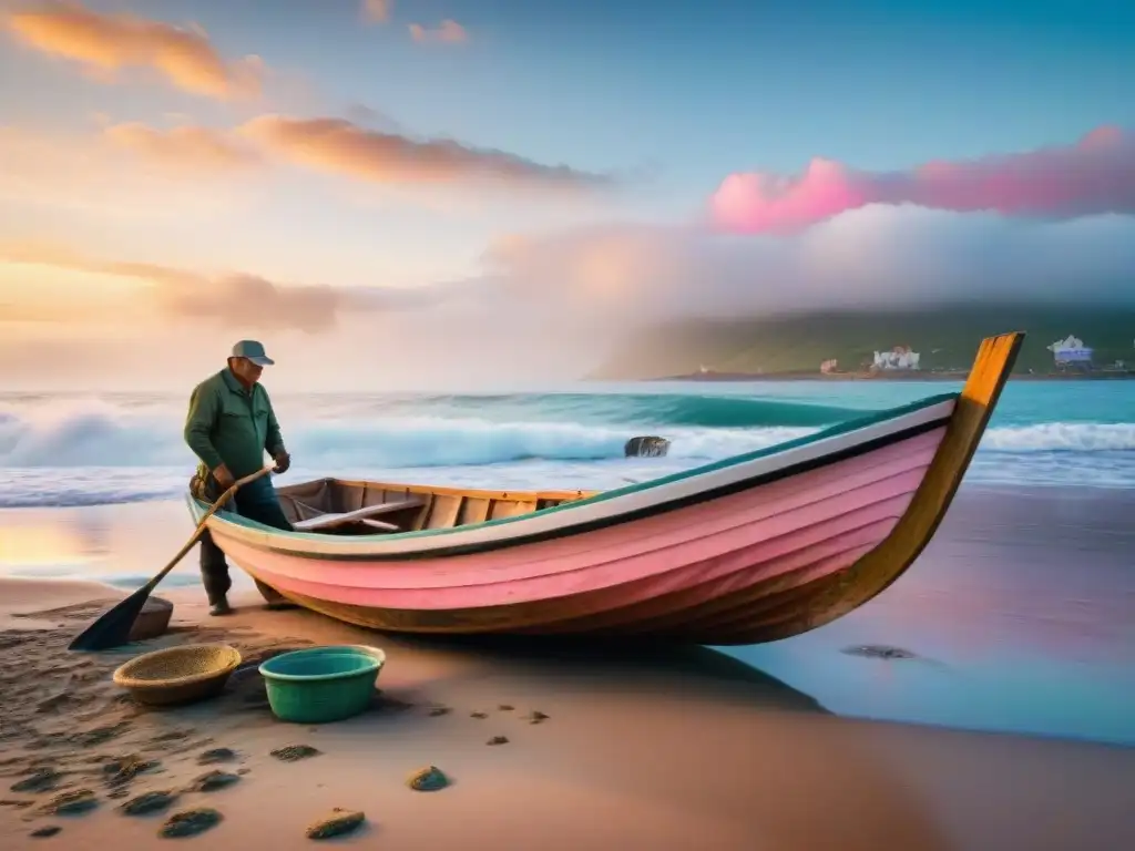Reparación de bote al amanecer: tradición pesquera en la playa Un pescador local repara su bote en una playa al amanecer, mostrando tradiciones y la transformación del turismo costero