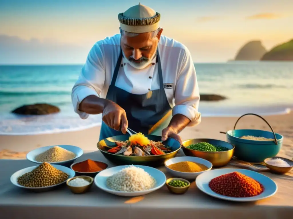 Chef local preparando delicias marinas al atardecer en la playa Un pescador local preparando una deliciosa receta costera en la playa al atardecer, rodeado de mariscos frescos y especias coloridas