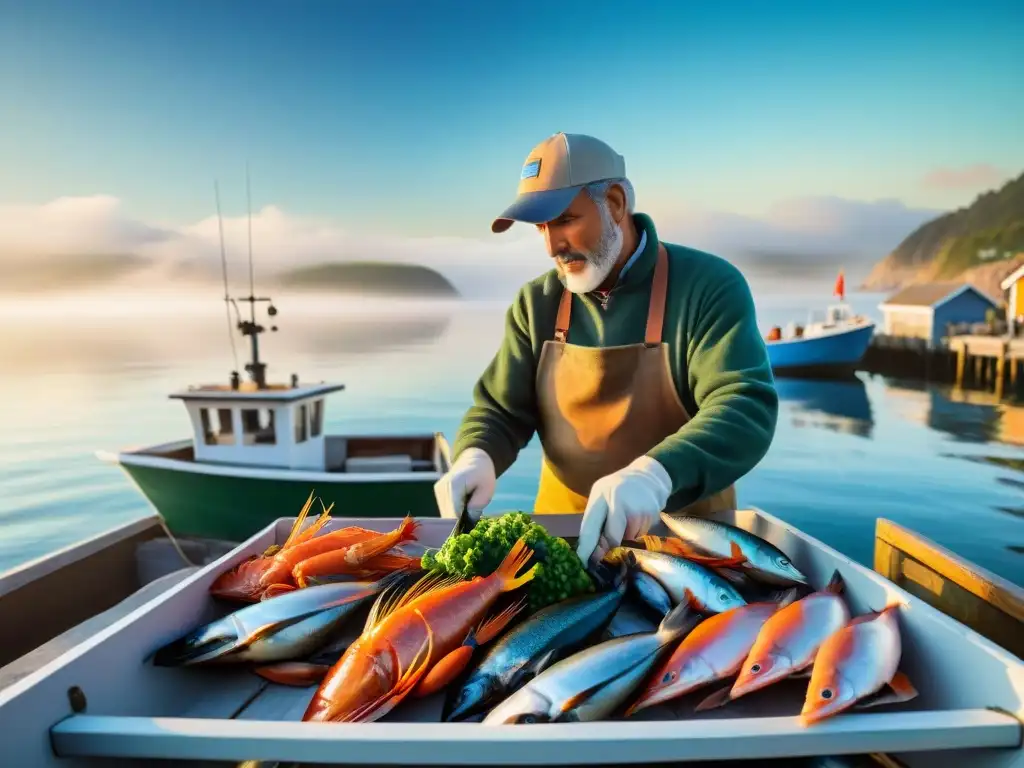 Pescador descargando mariscos al amanecer Un pescador local descargando mariscos frescos de un bote pesquero en un muelle costero al amanecer