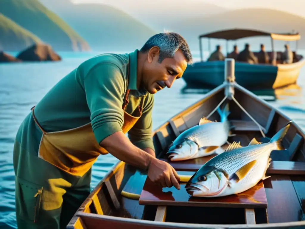Maestro pescador: preparando pescado al amanecer en barco de madera Un pescador local preparando un plato de marisco en un bote de pesca al amanecer en propiedades costeras vida junto mar