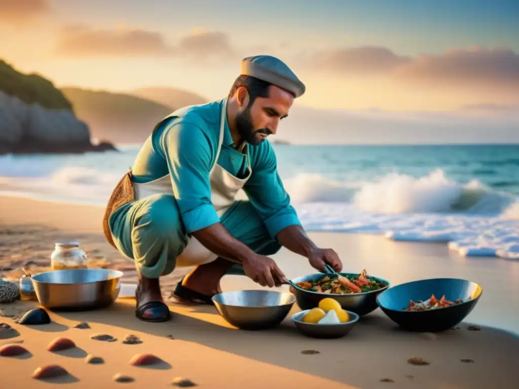 Chef pescador prepara plato costeño al atardecer Un pescador local preparando platos únicos en una playa al atardecer