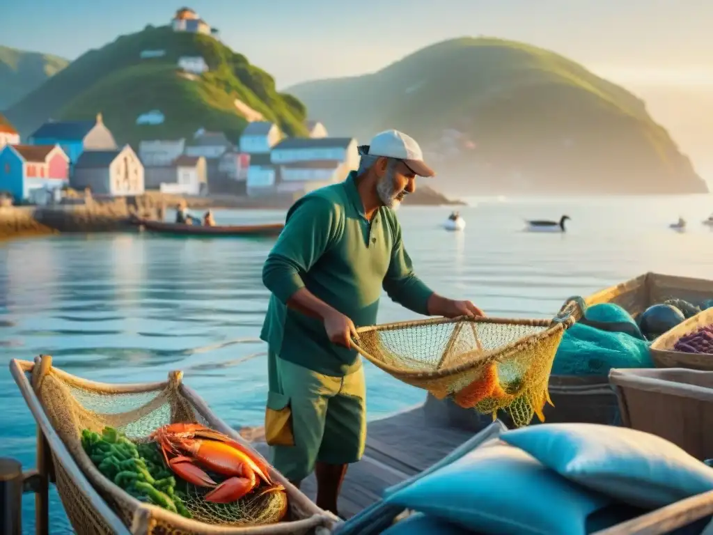 Pescador local en atardecer costero con red llena de mariscos frescos Un pescador local trae su red llena de mariscos frescos en un pueblo costero al atardecer, destacando la gastronomía costera sostenible tendencia