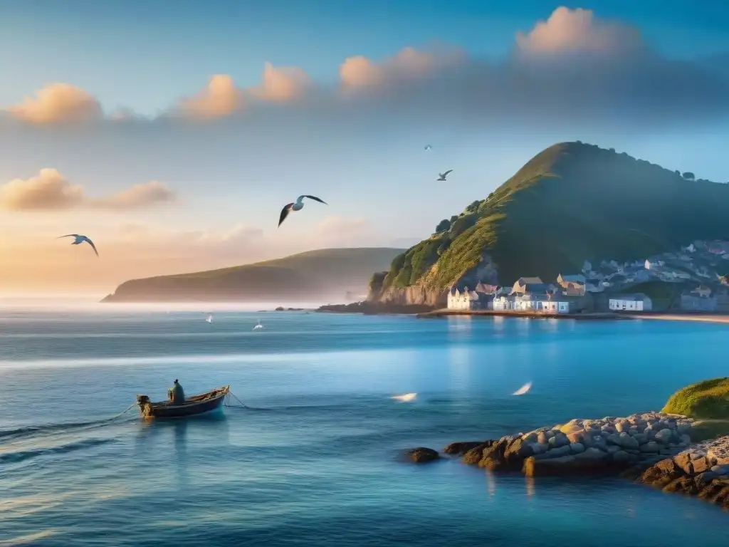 Pescador lanzando su red al mar al amanecer en una pintoresca aldea costera Un pescador local lanza su red al mar en un amanecer brillante, con gaviotas y un pueblo costero