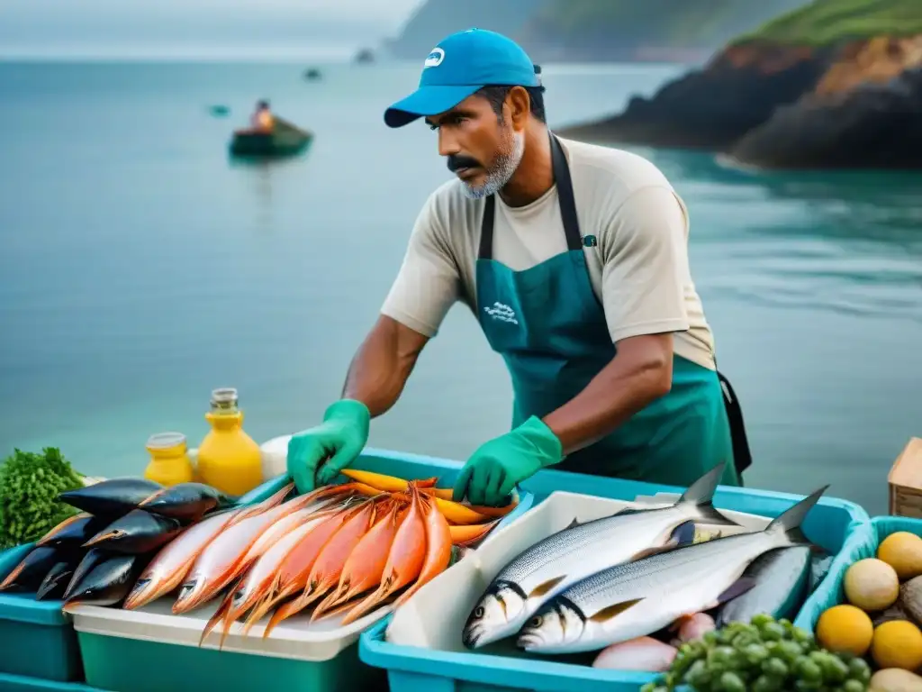 Pescador seleccionando pescado fresco en mercado sostenible Un pescador seleccionando mariscos frescos en un mercado costero bullicioso, reflejando la sostenibilidad y la conexión con el medio ambiente