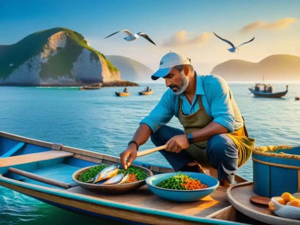 Pescador preparando plato de mar en barca al atardecer Un pescador prepara un platillo marino en un bote de madera, rodeado de la tranquila bahía, con gaviotas y un atardecer