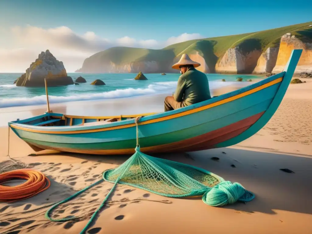 Pescador portugués reparando su barco tradicional en la costa Un pescador portugués repara su colorida barca en la playa, rodeado de redes y equipo de pesca