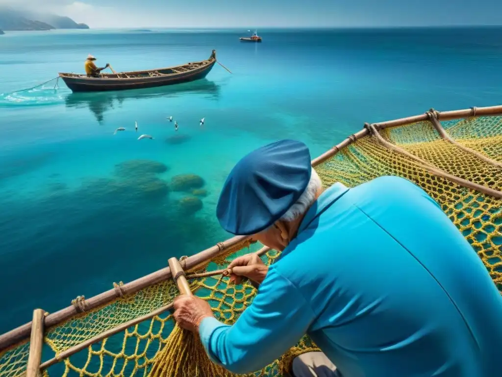 Retrato detallado: pescador anciano reparando red junto al mar Un pescador reparando una red junto al mar en una pintoresca aldea costera
