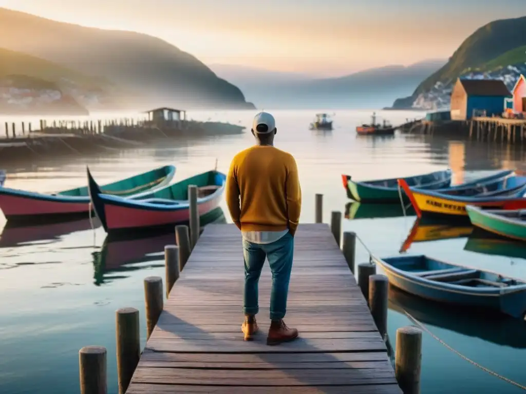 Pescador al amanecer en muelle de madera Un pescador desenredando una red en un muelle al amanecer, rodeado de barcos pesqueros y una aldea pintoresca