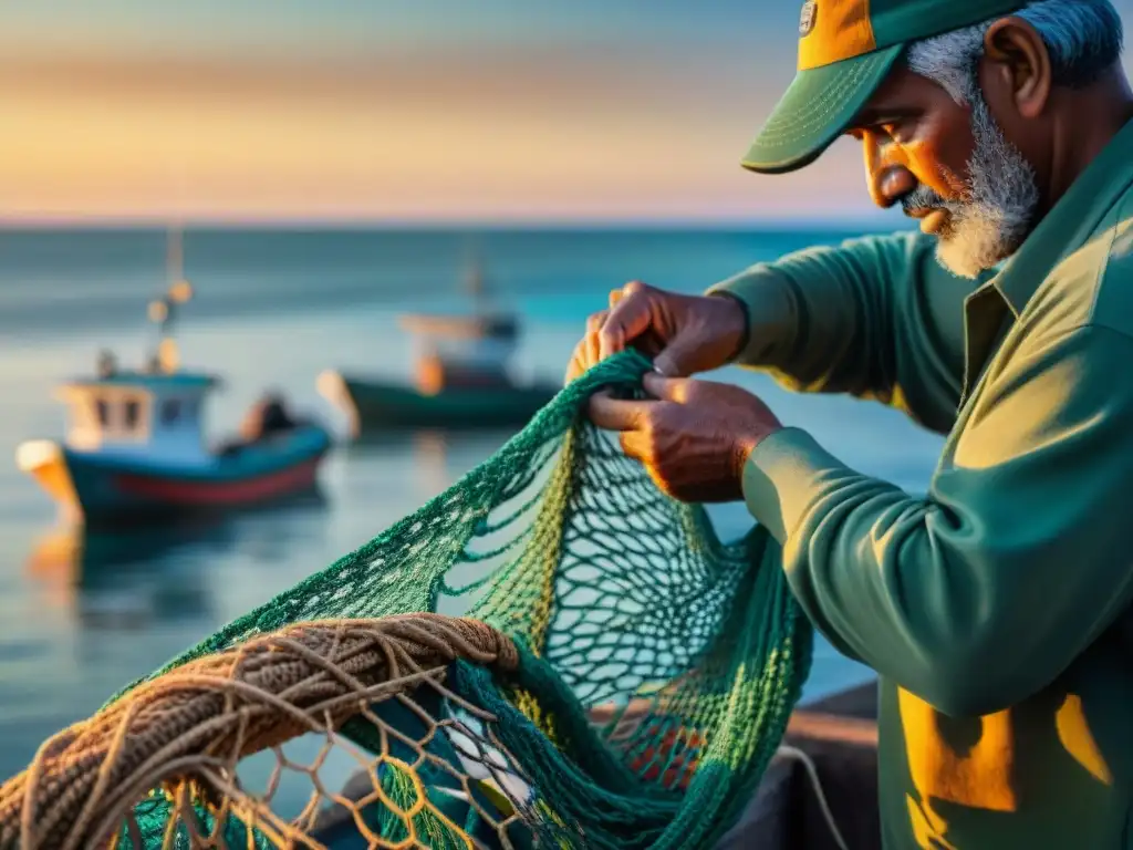 Manos de pescador reparando red al atardecer marino Un pescador repara redes al atardecer en la costa, reflejando la adaptación y vida en comunidad costera