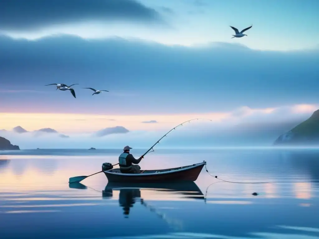 Paisaje costero al amanecer: pescador solitario en escena serena Un pescador solitario lanza su anzuelo en un amanecer sereno en la costa