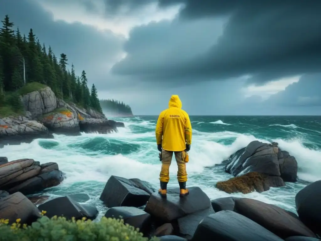 Pescador solitario en la costa de Maine: conexión con la naturaleza Un pescador solitario en la Costa de Maine, desafiando las olas bajo un cielo tormentoso