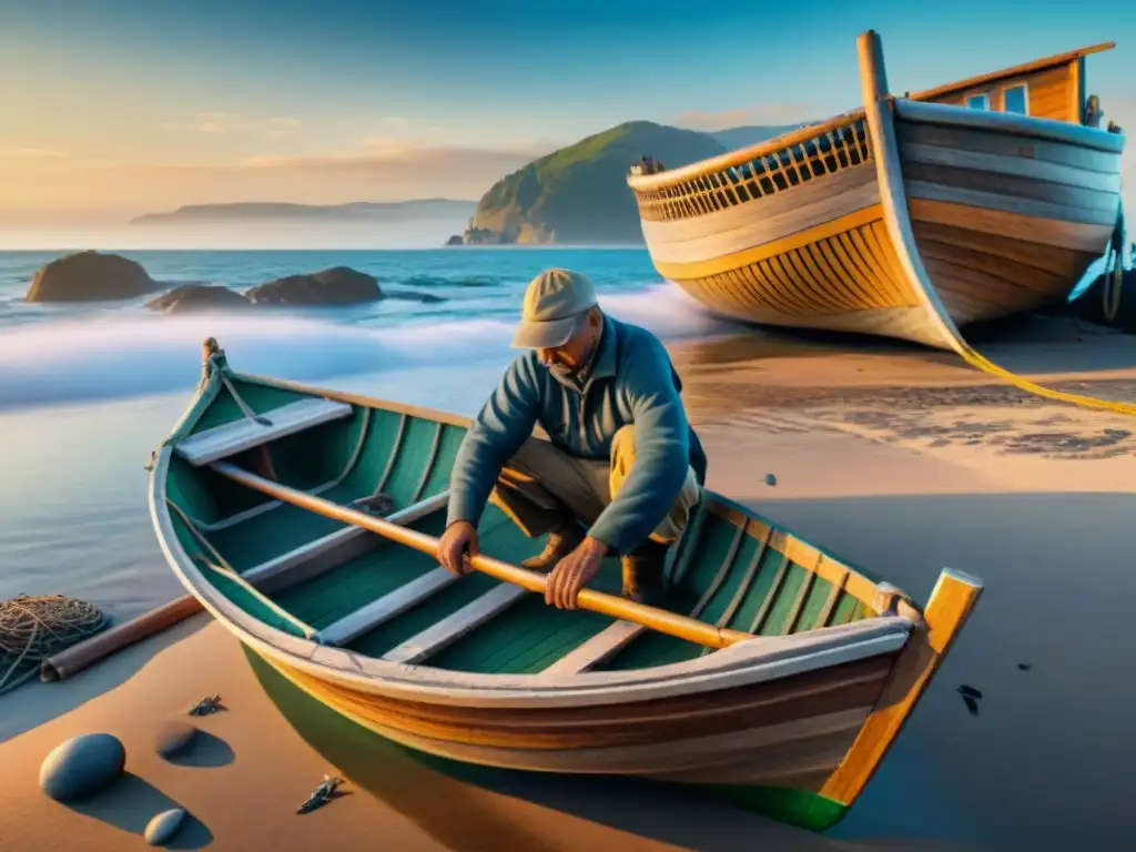 Reparación de barca de pescador al amanecer Un pescador tradicional repara su barco en una playa serena al amanecer
