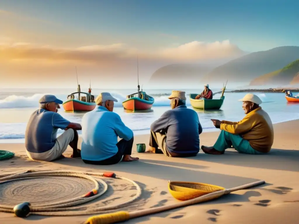 Pescadores sabios en playa al atardecer Pescadores ancianos comparten sabiduría junto al mar al atardecer