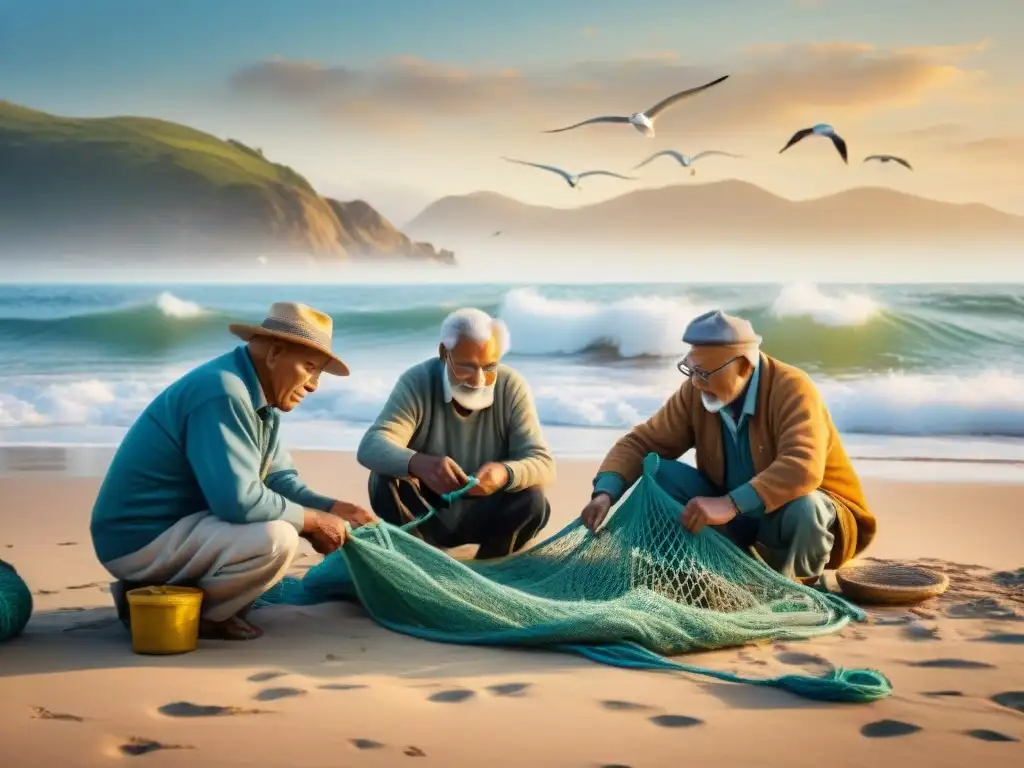 Pescadores ancianos reparando redes al amanecer Pescadores ancianos reparando redes en una playa al amanecer