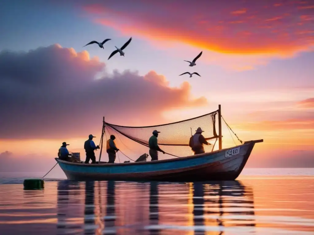 Pescadores al amanecer: capturando la esencia del mar Pescadores en barco tradicional al amanecer, recogiendo red con peces coloridos