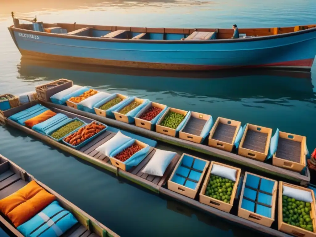 Mercado de pescado al amanecer: escena animada junto al mar Pescadores descargando cajas de mariscos frescos en un bullicioso mercado de pescado al amanecer