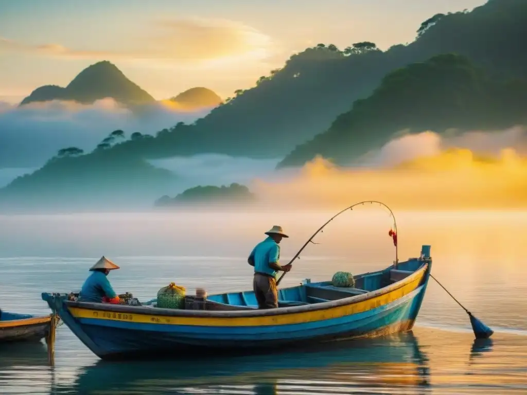 Pescadores asiáticos capturan peces al amanecer Pescadores en comunidad costera de Asia, capturan peces al amanecer
