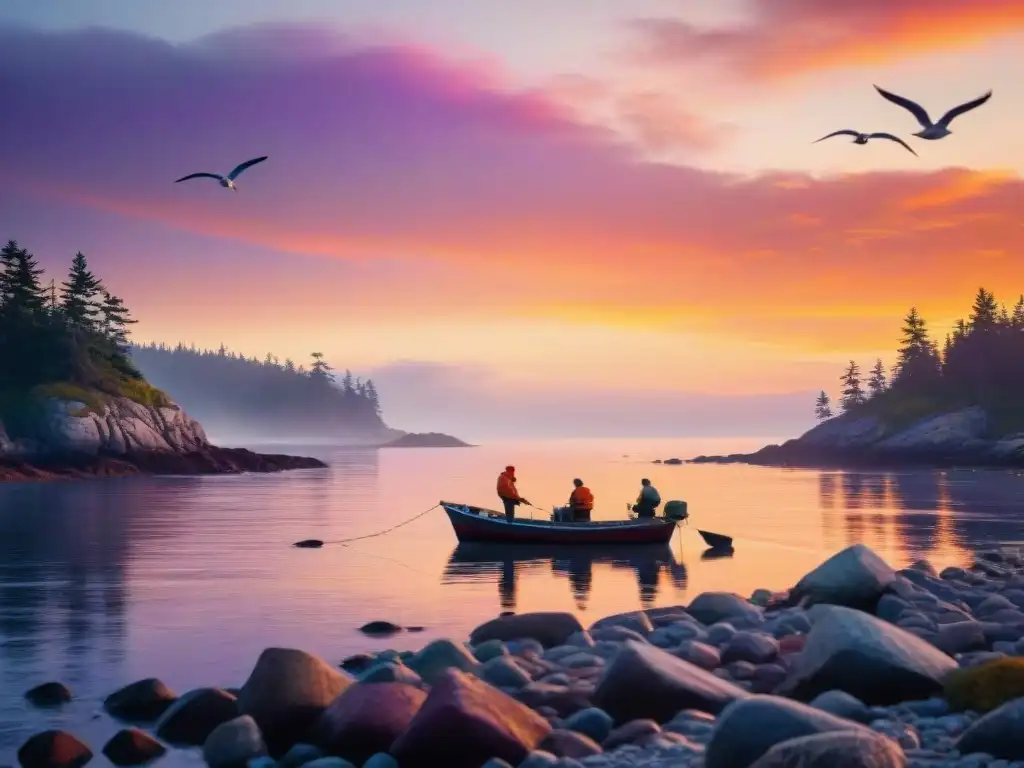Pescadores al atardecer en costa de Maine Pescadores en la Costa de Maine lanzando sus líneas al océano al atardecer, con un bote de pesca colorido y gaviotas sobrevolando