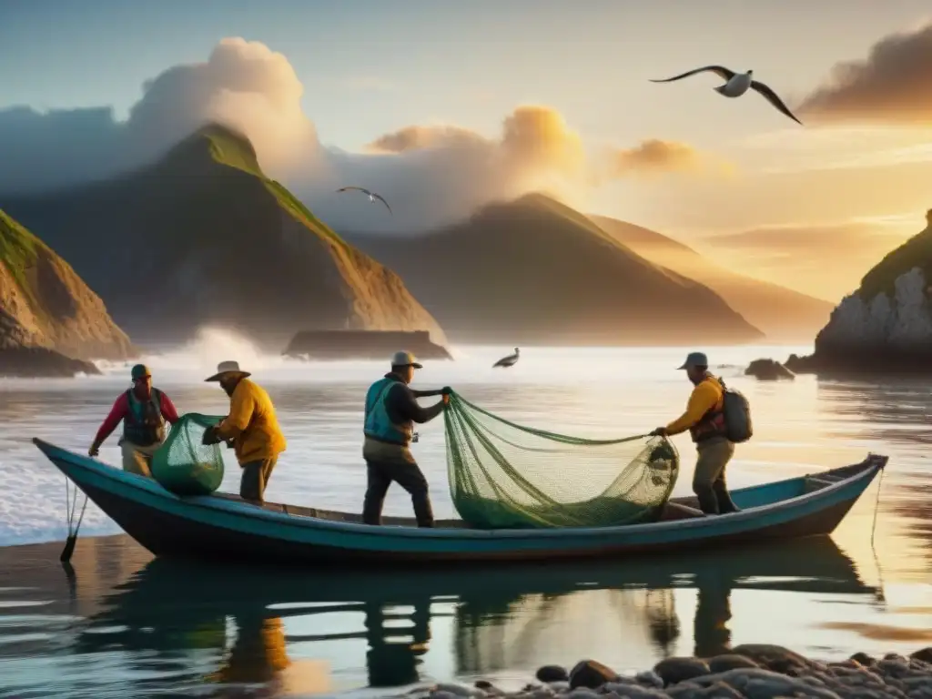 Pesca al amanecer: la conexión entre pescadores y mar Pescadores en la costa al amanecer, reflejos dorados en el mar tranquilo, seagulls vuelan