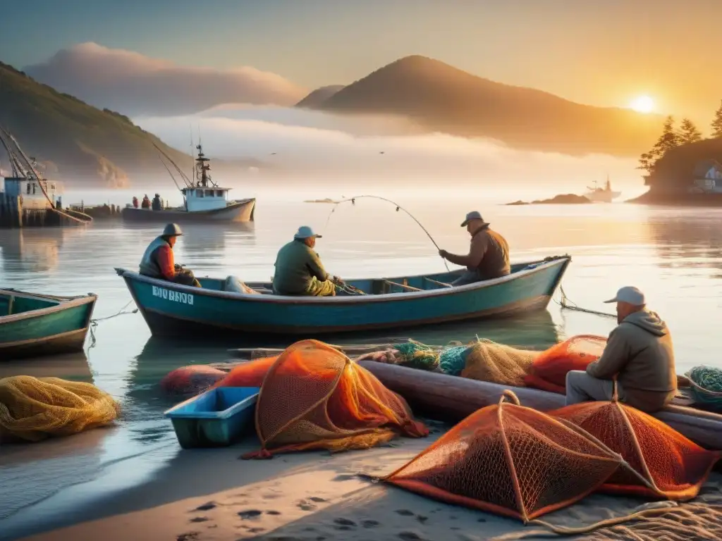 Pescadores expertos desenredando red de peces bajo el sol Pescadores expertos preservando la gastronomía costera con una red rebosante de peces frescos en un muelle bullicioso al atardecer
