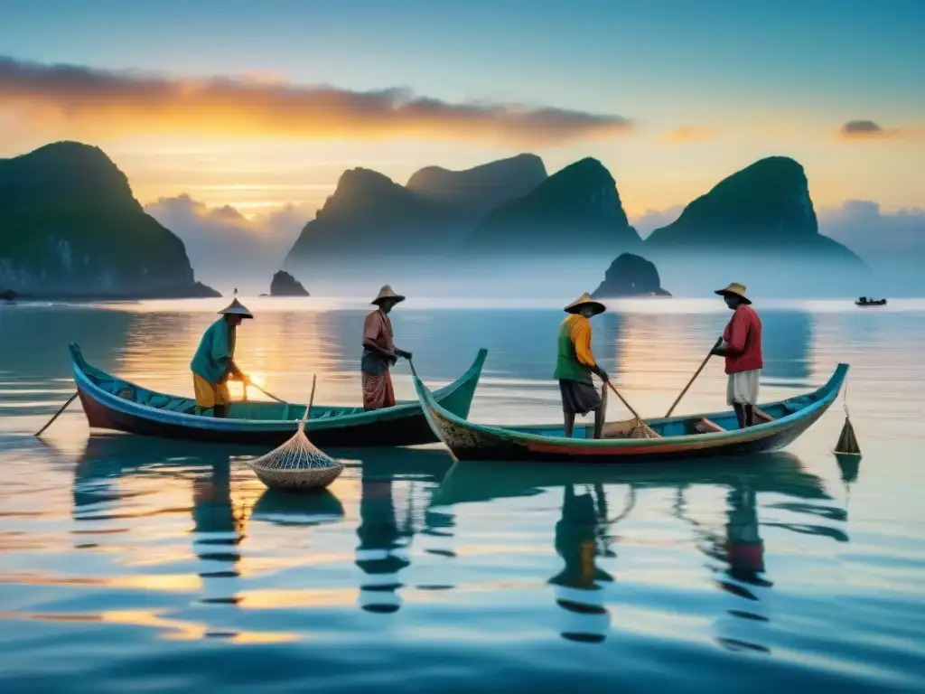 Pescadores indígenas lanzando redes al amanecer Pescadores indígenas lanzando redes al amanecer en el mar