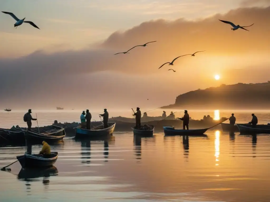 Pescadores al amanecer: red llena de vida en el mar dorado Pescadores al amanecer juntos a mar