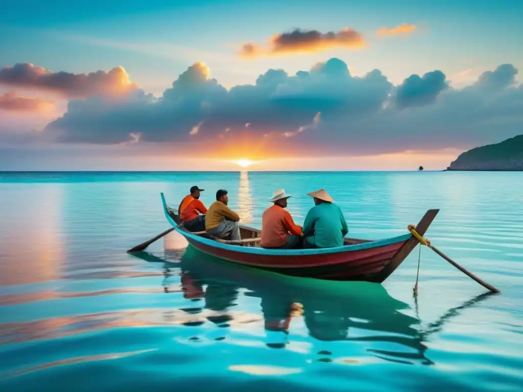 Pescadores locales en barca tradicional navegando al atardecer Pescadores locales en barco de madera, tradiciones costeras auténticas en EcoResorts