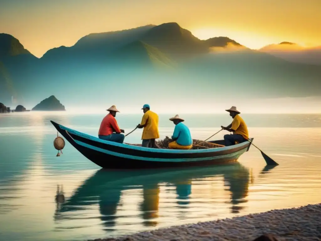 Pescadores locales en barca al amanecer: tradición y turismo Pescadores locales trabajan juntos en un bote tradicional al amanecer, resaltando la armonía entre tradiciones y turismo costero