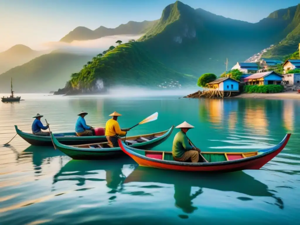 Pescadores locales zarpan al amanecer en un pueblo costero pintoresco Pescadores locales parten al mar al amanecer en botes de madera, con un pueblo costero y montañas verdes al fondo