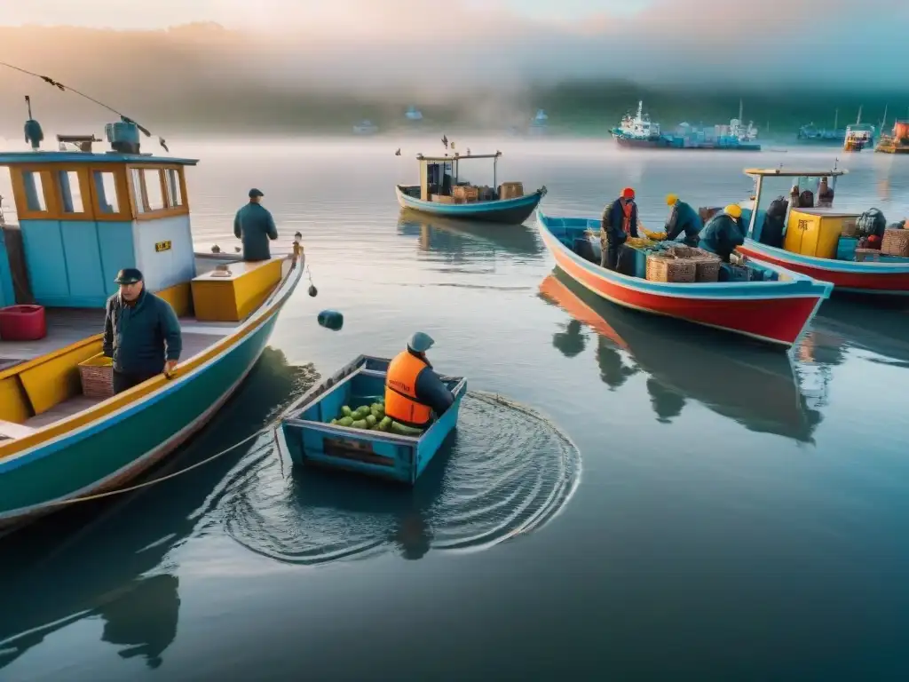 Pescadores locales descargando su pesca del día en un muelle animado junto a coloridos restaurantes Pescadores locales descargan su pesca del día en un muelle bullicioso, preservando la gastronomía costera