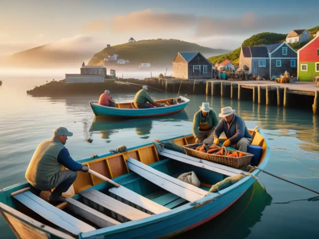 Pescadores locales descargando capturas al amanecer en muelle pintoresco Pescadores locales descargando pescado fresco en muelle al amanecer, preservación gastronomía costera