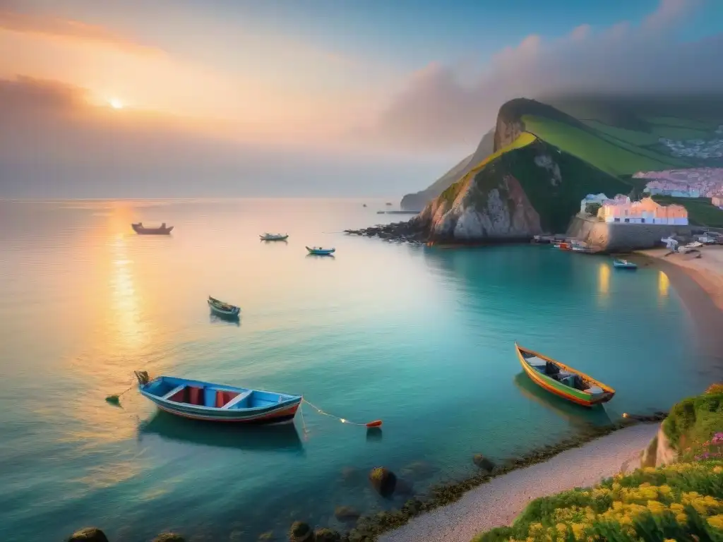 Pescadores lanzando redes al amanecer junto a pintoresco pueblo costero Pescadores locales lanzan sus redes al mar al amanecer, con coloridos botes y un pueblo costero