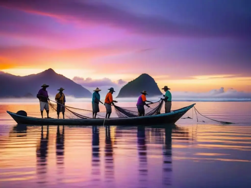 Pescadores artesanales al amanecer en Paraíso Costero Pescadores locales lanzando redes al amanecer en Paraíso Costero, destacando la importancia de la pesca artesanal en la comunidad costera