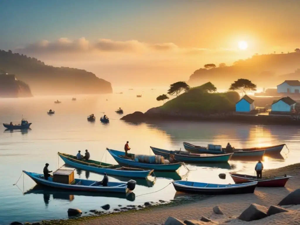 Pescadores al amanecer: red llena de peces bajo el sol Pescadores al amanecer en una pintoresca aldea costera, con sus redes rebosantes de peces brillantes