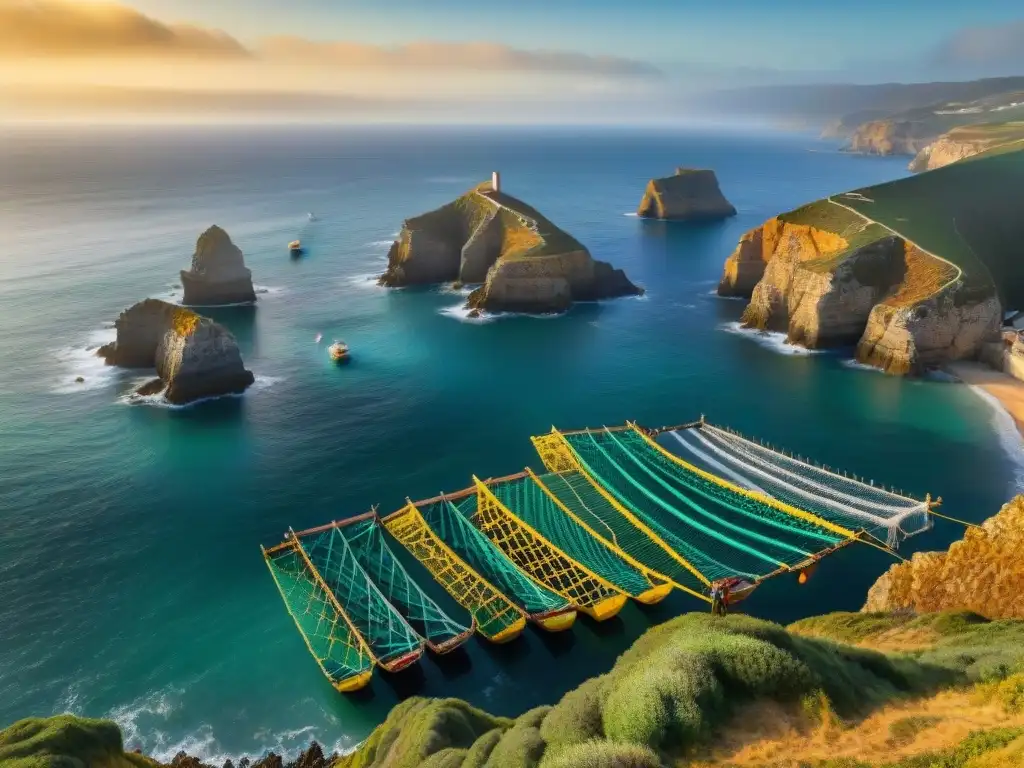 Pescadores portugueses al amanecer: redes llenas de frescura Pescadores portugueses junto al mar, recogiendo redes llenas de peces al amanecer