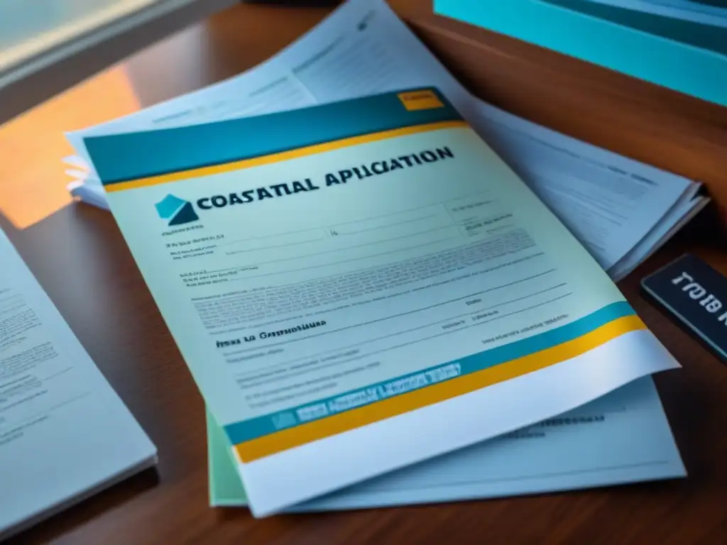 Documentos de préstamo costero: organización impecable y crucial Una pila organizada de documentos de solicitud de préstamos costeros, clave para la documentación, iluminada por la luz del sol en un escritorio