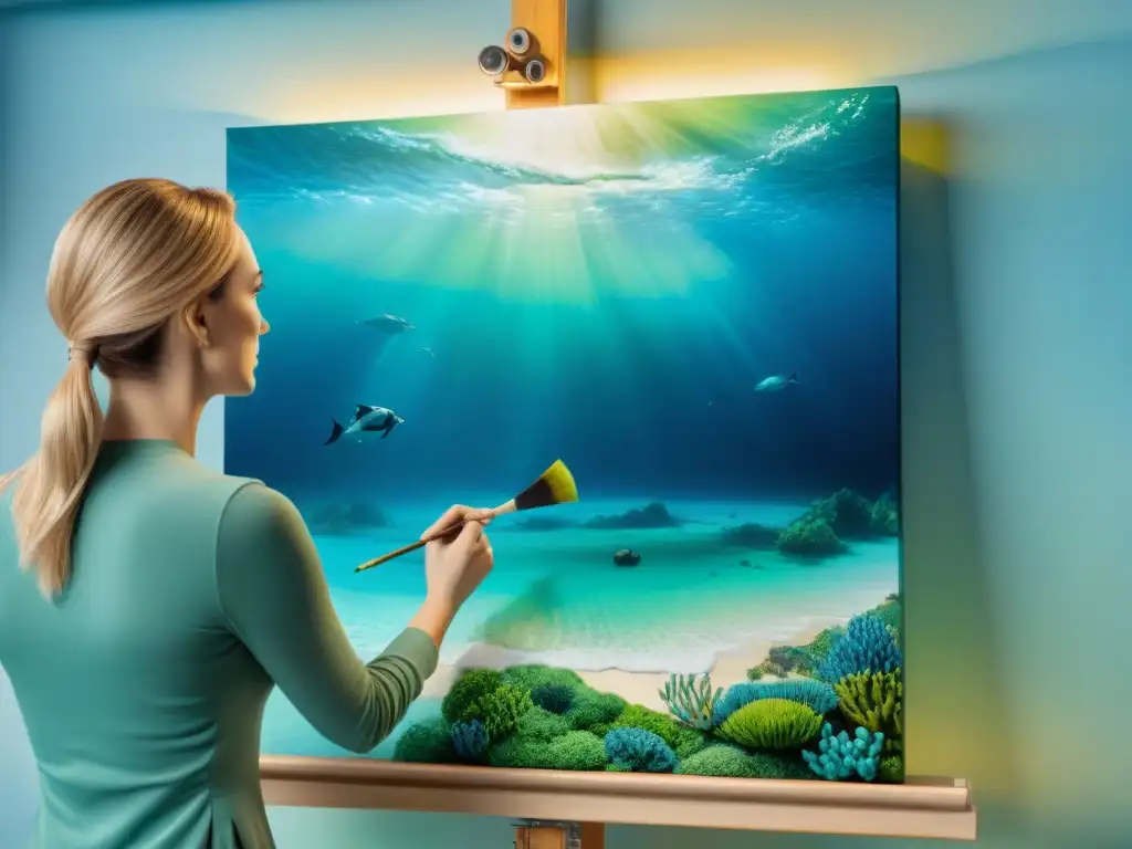 Artista costero pintando un vibrante paisaje marino con detalle Pintor local costero crea arte marino detallado en estudio luminoso
