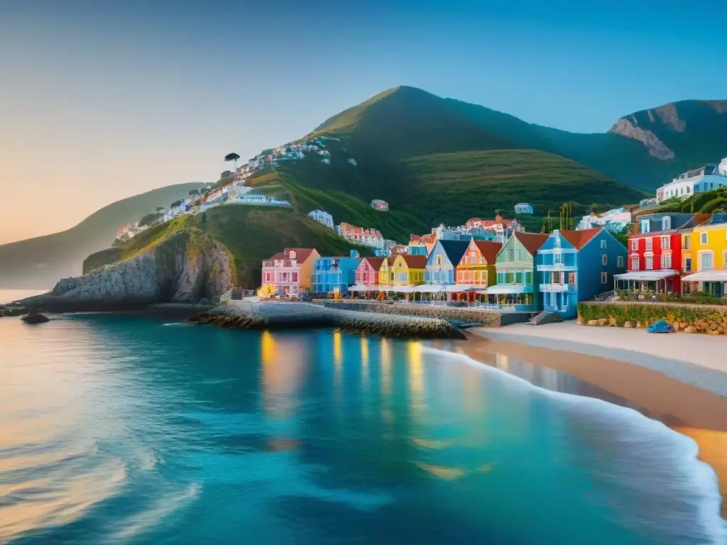 Vistas panorámicas de pueblo costero: encanto y lujo junto al mar Una pintoresca ciudad costera con casas coloridas junto al mar, evocando la tranquilidad y lujo de la vida costera