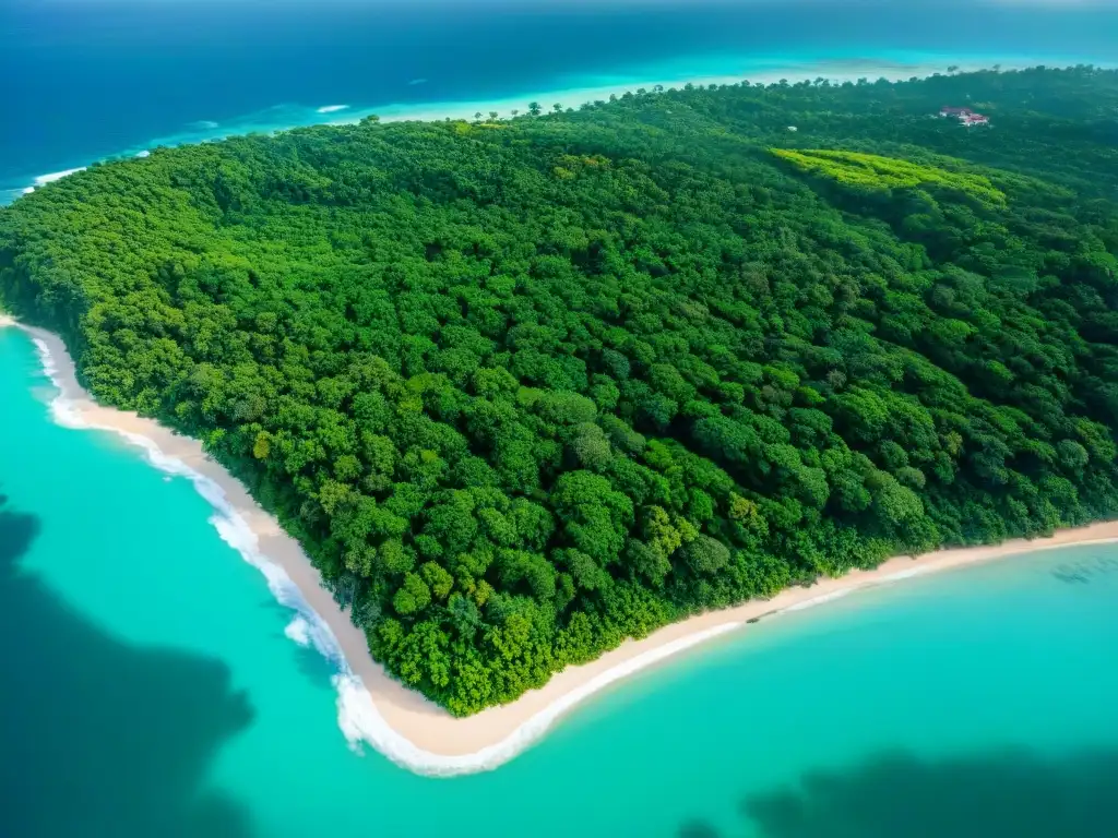 Costa resistente: innovación y naturaleza en armonía Pintoresca ciudad costera con casas seguras ante desastres naturales, rodeada de aguas turquesa y exuberante vegetación