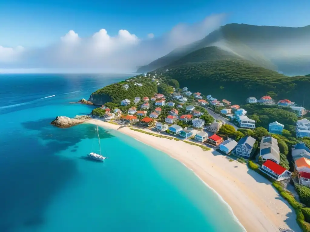 Pintoresco pueblo costero: vida en la costa Pintoresca ciudad costera con edificios coloridos junto al mar, aguas turquesas cristalinas y veleros