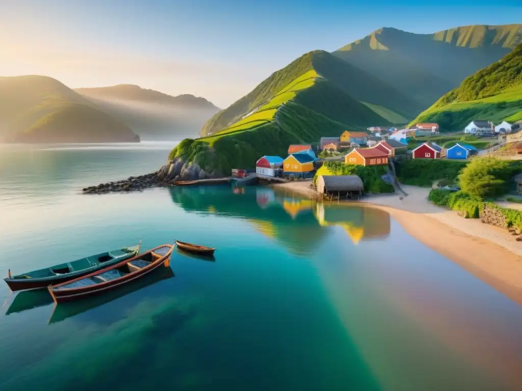 Pintoresco pueblo pesquero al amanecer: serenidad costera Pintoresca comunidad costera al amanecer, muestra pescadores y casas coloridas junto al mar