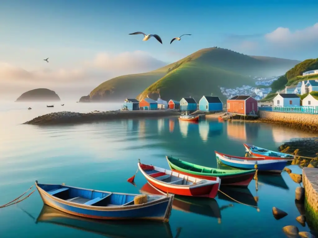 Pintoresco pueblo costero al amanecer: barcas, pescadores y serenidad Pintoresca comunidad costera al amanecer con barcos pesqueros y pescadores preparando redes