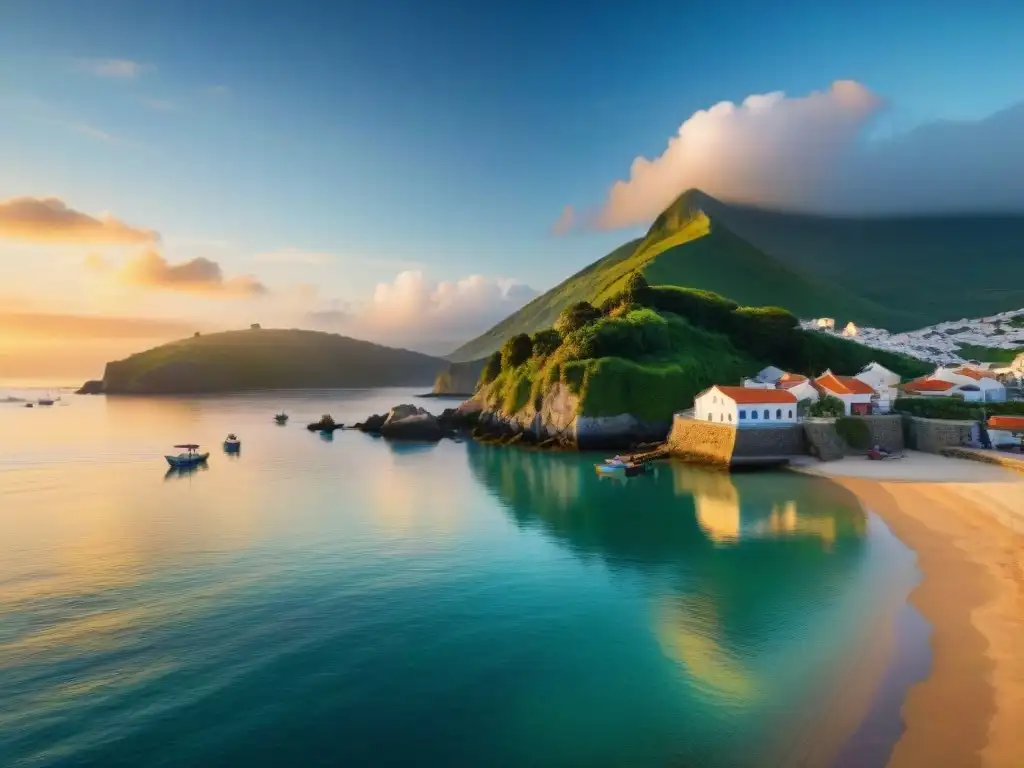 Puesta de sol vibrante en aldea costera: armonía entre comunidad y naturaleza Una pintoresca comunidad costera junto al mar, con pescadores y gaviotas bajo un vibrante atardecer