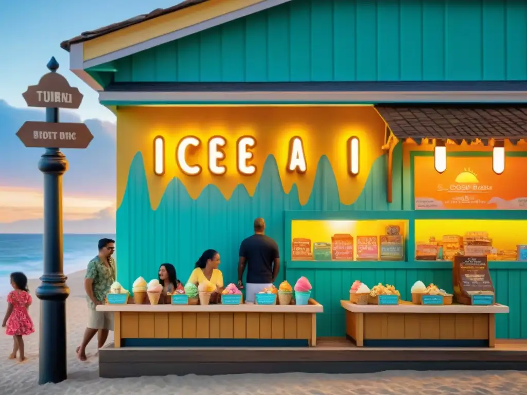 Atardecer de sabores: Heladerías artesanales en el paseo marítimo Pintorescas heladerías costeras con sabores únicos al atardecer en un bullicioso malecón playero