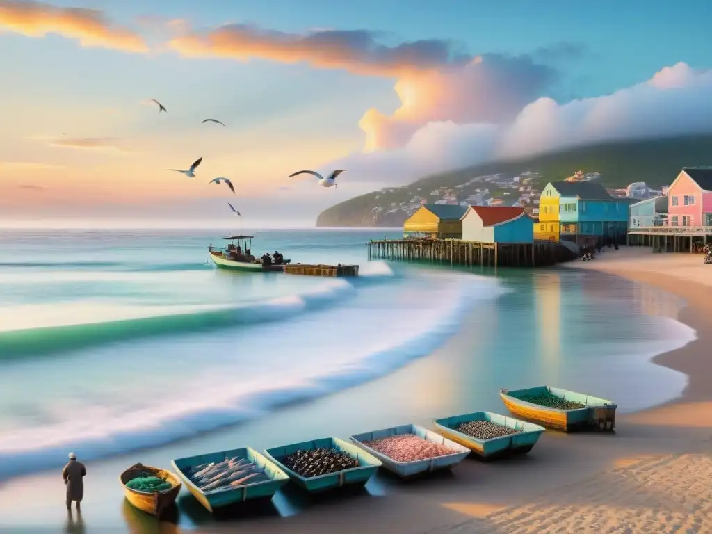 Paisaje costero al amanecer: mercado de pescado y armonía urbana Pintoresco amanecer en ciudad costera con mercado de pescado y modernos edificios