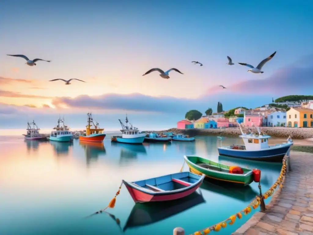 Amanecer tranquilo en pueblo costero: barcos y gaviotas Pintoresco amanecer en un pueblo costero, con botes coloridos y gaviotas en el cielo