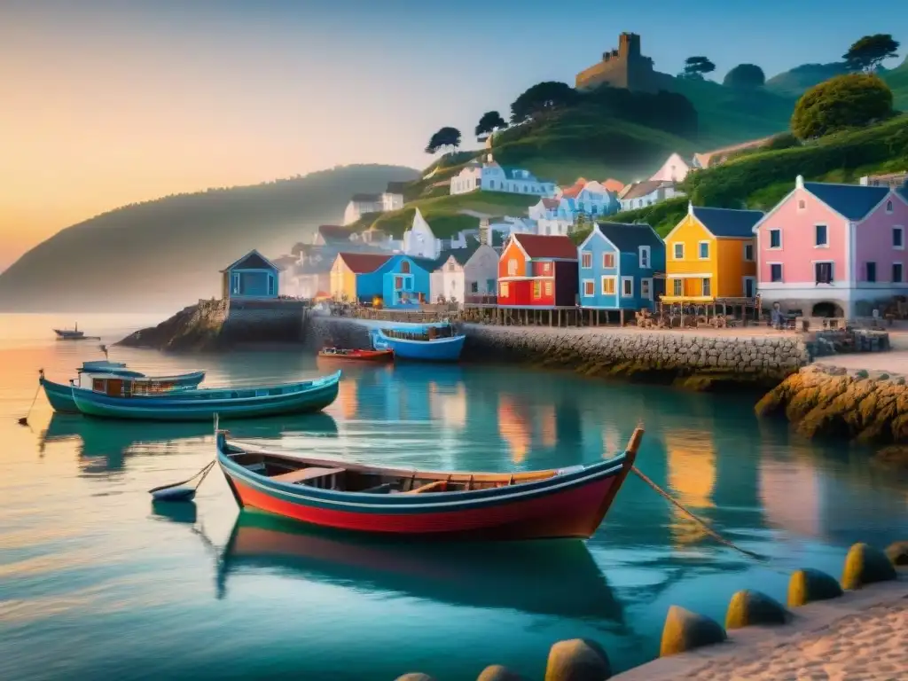 Pintoresco amanecer en pueblo costero: pescadores, barcas y serenidad Pintoresco amanecer en un pueblo costero, con pescadores y botes coloridos
