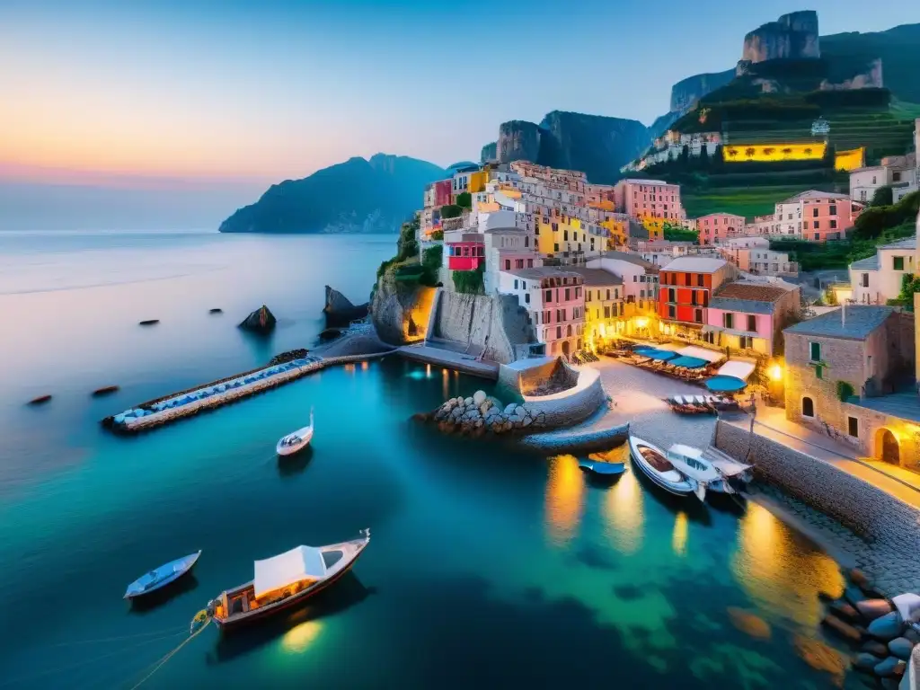 Pintoresco amanecer en pueblo pesquero italiano Un pintoresco amanecer en un pueblo pesquero italiano, con barcos coloridos y pescadores preparando sus redes