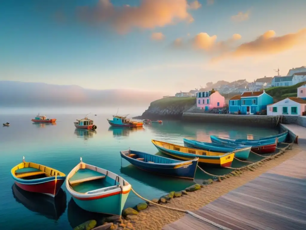Paisaje costero al atardecer: pesca tradicional y serenidad Pintoresco atardecer costero con pescadores y gaviotas